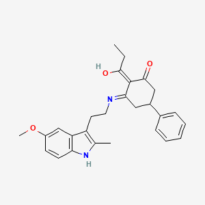 molecular formula C27H30N2O3 B11501039 3-{[2-(5-methoxy-2-methyl-1H-indol-3-yl)ethyl]amino}-5-phenyl-2-propanoylcyclohex-2-en-1-one 