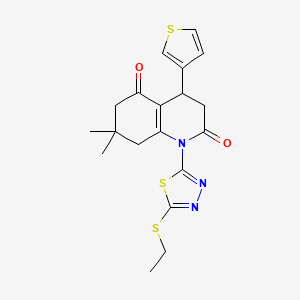 molecular formula C19H21N3O2S3 B11501084 1-(5-Ethylsulfanyl-1,3,4-thiadiazol-2-yl)-7,7-dimethyl-4-thiophen-3-yl-3,4,6,8-tetrahydroquinoline-2,5-dione 