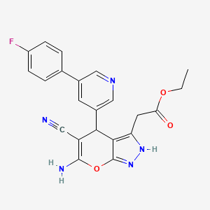 molecular formula C22H18FN5O3 B11501156 Ethyl {6-amino-5-cyano-4-[5-(4-fluorophenyl)pyridin-3-yl]-2,4-dihydropyrano[2,3-c]pyrazol-3-yl}acetate 