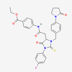 molecular formula C31H29FN4O5S B11501523 Ethyl 4-[({1-(4-fluorophenyl)-5-oxo-3-[4-(2-oxopyrrolidin-1-yl)benzyl]-2-thioxoimidazolidin-4-yl}acetyl)amino]benzoate 