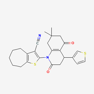 molecular formula C25H26N2O2S2 B11501557 2-[7,7-dimethyl-2,5-dioxo-4-(thiophen-3-yl)-3,4,5,6,7,8-hexahydroquinolin-1(2H)-yl]-5,6,7,8-tetrahydro-4H-cyclohepta[b]thiophene-3-carbonitrile 