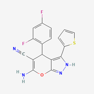 molecular formula C17H10F2N4OS B11501617 6-Amino-4-(2,4-difluorophenyl)-3-(thiophen-2-yl)-1,4-dihydropyrano[2,3-c]pyrazole-5-carbonitrile 