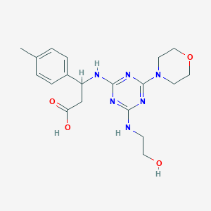 molecular formula C19H26N6O4 B11501659 3-({4-[(2-Hydroxyethyl)amino]-6-(morpholin-4-yl)-1,3,5-triazin-2-yl}amino)-3-(4-methylphenyl)propanoic acid 