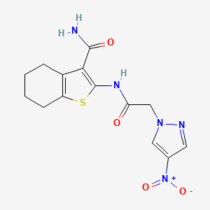 molecular formula C14H15N5O4S B11501759 2-{[(4-nitro-1H-pyrazol-1-yl)acetyl]amino}-4,5,6,7-tetrahydro-1-benzothiophene-3-carboxamide 