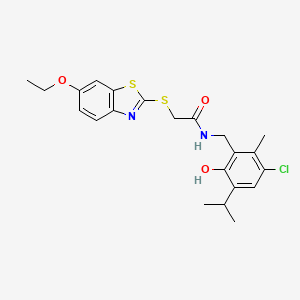 molecular formula C22H25ClN2O3S2 B11501783 N-[3-chloro-6-hydroxy-2-methyl-5-(propan-2-yl)benzyl]-2-[(6-ethoxy-1,3-benzothiazol-2-yl)sulfanyl]acetamide 