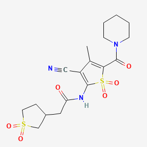 molecular formula C18H23N3O6S2 B11501855 N-[3-cyano-4-methyl-1,1-dioxido-5-(piperidin-1-ylcarbonyl)thiophen-2-yl]-2-(1,1-dioxidotetrahydrothiophen-3-yl)acetamide 