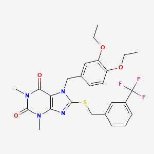 molecular formula C26H27F3N4O4S B11501913 7-(3,4-diethoxybenzyl)-1,3-dimethyl-8-{[3-(trifluoromethyl)benzyl]sulfanyl}-3,7-dihydro-1H-purine-2,6-dione 