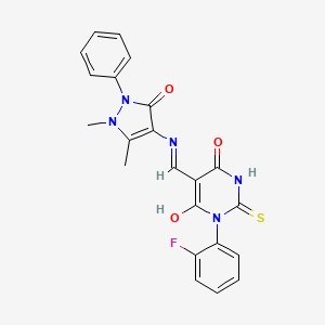 (5E)-5-{[(1,5-dimethyl-3-oxo-2-phenyl-2,3-dihydro-1H-pyrazol-4-yl)amino]methylidene}-1-(2-fluorophenyl)-2-thioxodihydropyrimidine-4,6(1H,5H)-dione