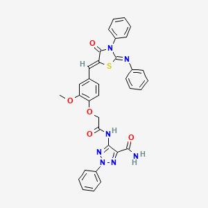 molecular formula C34H27N7O5S B11502046 5-{[(2-methoxy-4-{(Z)-[(2Z)-4-oxo-3-phenyl-2-(phenylimino)-1,3-thiazolidin-5-ylidene]methyl}phenoxy)acetyl]amino}-2-phenyl-2H-1,2,3-triazole-4-carboxamide 