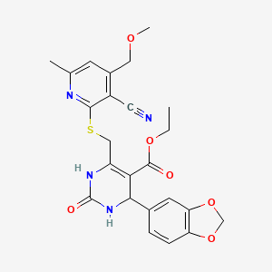 molecular formula C24H24N4O6S B11502138 Ethyl 4-(1,3-benzodioxol-5-yl)-6-({[3-cyano-4-(methoxymethyl)-6-methylpyridin-2-yl]sulfanyl}methyl)-2-oxo-1,2,3,4-tetrahydropyrimidine-5-carboxylate 