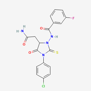 molecular formula C18H14ClFN4O3S B11502242 N-[5-(2-amino-2-oxoethyl)-3-(4-chlorophenyl)-4-oxo-2-thioxoimidazolidin-1-yl]-3-fluorobenzamide 