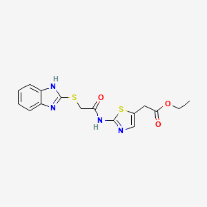 molecular formula C16H16N4O3S2 B11502352 ethyl (2-{[(1H-benzimidazol-2-ylsulfanyl)acetyl]amino}-1,3-thiazol-5-yl)acetate 