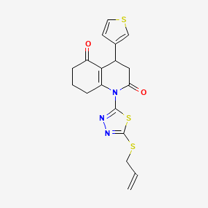 molecular formula C18H17N3O2S3 B11502411 1-[5-(prop-2-en-1-ylsulfanyl)-1,3,4-thiadiazol-2-yl]-4-(thiophen-3-yl)-4,6,7,8-tetrahydroquinoline-2,5(1H,3H)-dione 