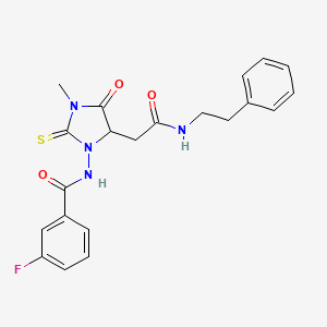 molecular formula C21H21FN4O3S B11502463 3-fluoro-N-(3-methyl-4-oxo-5-{2-oxo-2-[(2-phenylethyl)amino]ethyl}-2-thioxoimidazolidin-1-yl)benzamide 