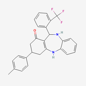 molecular formula C27H23F3N2O B11502465 3-(4-methylphenyl)-11-[2-(trifluoromethyl)phenyl]-2,3,4,5,10,11-hexahydro-1H-dibenzo[b,e][1,4]diazepin-1-one 