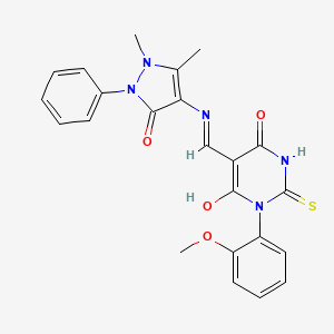 molecular formula C23H21N5O4S B11502677 (5E)-5-{[(1,5-dimethyl-3-oxo-2-phenyl-2,3-dihydro-1H-pyrazol-4-yl)amino]methylidene}-1-(2-methoxyphenyl)-2-thioxodihydropyrimidine-4,6(1H,5H)-dione 