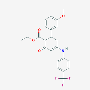 molecular formula C23H22F3NO4 B11502769 Ethyl 6-(3-methoxyphenyl)-2-oxo-4-{[4-(trifluoromethyl)phenyl]amino}cyclohex-3-ene-1-carboxylate 