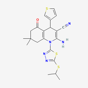 molecular formula C21H23N5OS3 B11502797 2-Amino-7,7-dimethyl-5-oxo-1-[5-(propan-2-ylsulfanyl)-1,3,4-thiadiazol-2-yl]-4-(thiophen-3-yl)-1,4,5,6,7,8-hexahydroquinoline-3-carbonitrile 