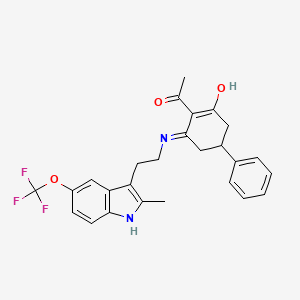 molecular formula C26H25F3N2O3 B11503056 2-acetyl-3-({2-[2-methyl-5-(trifluoromethoxy)-1H-indol-3-yl]ethyl}amino)-5-phenylcyclohex-2-en-1-one 