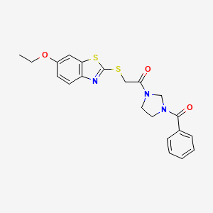 molecular formula C21H21N3O3S2 B11503350 2-[(6-Ethoxy-1,3-benzothiazol-2-yl)sulfanyl]-1-[3-(phenylcarbonyl)imidazolidin-1-yl]ethanone 