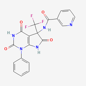 molecular formula C19H12F3N5O4 B11503414 N-[4-hydroxy-2,6-dioxo-1-phenyl-5-(trifluoromethyl)-2,5,6,7-tetrahydro-1H-pyrrolo[2,3-d]pyrimidin-5-yl]pyridine-3-carboxamide 