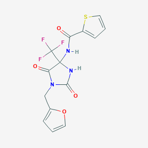 molecular formula C14H10F3N3O4S B11503582 N-[1-(furan-2-ylmethyl)-2,5-dioxo-4-(trifluoromethyl)imidazolidin-4-yl]thiophene-2-carboxamide 