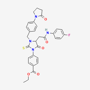 molecular formula C31H29FN4O5S B11503628 Ethyl 4-(4-{2-[(4-fluorophenyl)amino]-2-oxoethyl}-5-oxo-3-[4-(2-oxopyrrolidin-1-yl)benzyl]-2-thioxoimidazolidin-1-yl)benzoate 