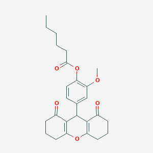 molecular formula C26H30O6 B11503641 4-(1,8-dioxo-2,3,4,5,6,7,8,9-octahydro-1H-xanthen-9-yl)-2-methoxyphenyl hexanoate 