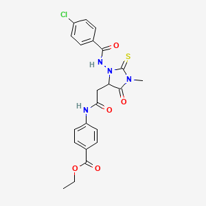 molecular formula C22H21ClN4O5S B11503742 Ethyl 4-{[(3-{[(4-chlorophenyl)carbonyl]amino}-1-methyl-5-oxo-2-thioxoimidazolidin-4-yl)acetyl]amino}benzoate 