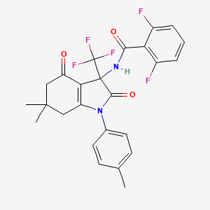 molecular formula C25H21F5N2O3 B11503810 N-(6,6-Dimethyl-2,4-dioxo-1-p-tolyl-3-trifluoromethyl-2,3,4,5,6,7-hexahydro-1H-indol-3-yl)-2,6-difluoro-benzamide 