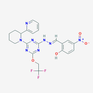 molecular formula C22H21F3N8O4 B11503947 4-nitro-2-[(E)-(2-{4-[2-(pyridin-2-yl)piperidin-1-yl]-6-(2,2,2-trifluoroethoxy)-1,3,5-triazin-2-yl}hydrazinylidene)methyl]phenol 