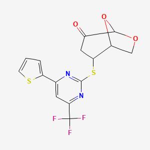 molecular formula C15H11F3N2O3S2 B11504058 2-{[4-(2-Thienyl)-6-(trifluoromethyl)-2-pyrimidinyl]sulfanyl}-6,8-dioxabicyclo[3.2.1]octan-4-one 