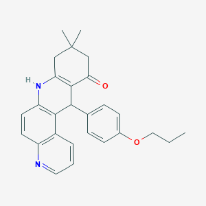 molecular formula C27H28N2O2 B11504148 9,9-dimethyl-12-(4-propoxyphenyl)-8,9,10,12-tetrahydrobenzo[b][4,7]phenanthrolin-11(7H)-one 