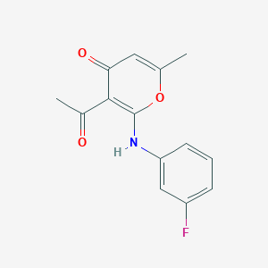 molecular formula C14H12FNO3 B11504451 3-acetyl-2-[(3-fluorophenyl)amino]-6-methyl-4H-pyran-4-one 