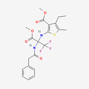 molecular formula C21H23F3N2O5S B11504474 Methyl 4-ethyl-5-methyl-2-({1,1,1-trifluoro-3-methoxy-3-oxo-2-[(phenylacetyl)amino]propan-2-yl}amino)thiophene-3-carboxylate 