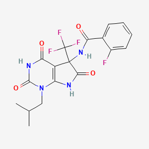 molecular formula C18H16F4N4O4 B11504530 2-fluoro-N-[1-(2-methylpropyl)-2,4,6-trioxo-5-(trifluoromethyl)-2,3,4,5,6,7-hexahydro-1H-pyrrolo[2,3-d]pyrimidin-5-yl]benzamide 