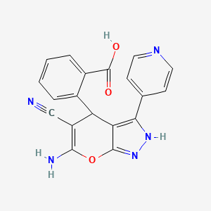 molecular formula C19H13N5O3 B11504619 2-[6-Amino-5-cyano-3-(pyridin-4-yl)-1,4-dihydropyrano[2,3-c]pyrazol-4-yl]benzoic acid 