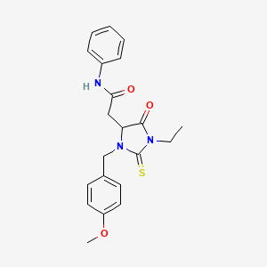 molecular formula C21H23N3O3S B11504960 2-[1-ethyl-3-(4-methoxybenzyl)-5-oxo-2-thioxoimidazolidin-4-yl]-N-phenylacetamide 