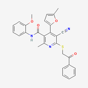 molecular formula C28H23N3O4S B11505491 5-cyano-N-(2-methoxyphenyl)-2-methyl-4-(5-methylfuran-2-yl)-6-[(2-oxo-2-phenylethyl)sulfanyl]pyridine-3-carboxamide 