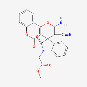 molecular formula C23H15N3O6 B11505584 Methyl 2-{2'-amino-3'-cyano-2,5'-dioxo-1,2-dihydro-5'H-spiro[indole-3,4'-pyrano[3,2-C]chromen]-1-YL}acetate 