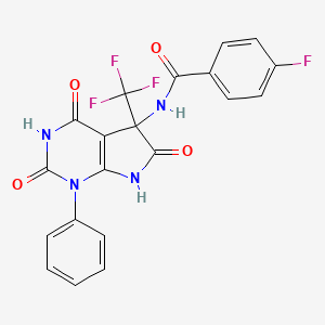 molecular formula C20H12F4N4O4 B11505592 4-fluoro-N-[4-hydroxy-2,6-dioxo-1-phenyl-5-(trifluoromethyl)-2,5,6,7-tetrahydro-1H-pyrrolo[2,3-d]pyrimidin-5-yl]benzamide 