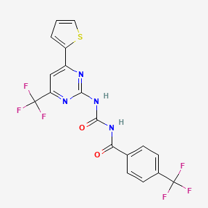 molecular formula C18H10F6N4O2S B11505596 N-{[4-(thiophen-2-yl)-6-(trifluoromethyl)pyrimidin-2-yl]carbamoyl}-4-(trifluoromethyl)benzamide 