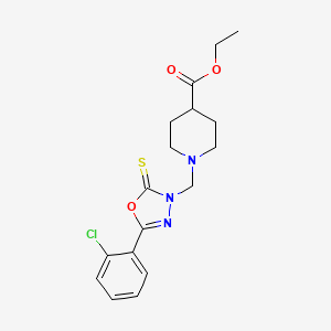 molecular formula C17H20ClN3O3S B11505623 1-[5-(2-Chloro-phenyl)-2-thioxo-[1,3,4]oxadiazol-3-ylmethyl]-piperidine-4-carboxylic acid ethyl ester 