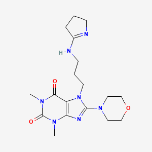 molecular formula C18H27N7O3 B11505796 1,3-Dimethyl-8-morpholin-4-yl-7-[3-(pyrrolidin-2-ylideneamino)-propyl]-3,7-dihydro-purine-2,6-dione 