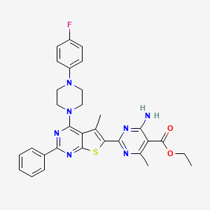 molecular formula C31H30FN7O2S B11506061 Ethyl 4-amino-2-{4-[4-(4-fluorophenyl)piperazin-1-yl]-5-methyl-2-phenylthieno[2,3-d]pyrimidin-6-yl}-6-methylpyrimidine-5-carboxylate 