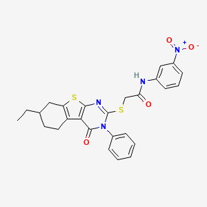 molecular formula C26H24N4O4S2 B11506413 2-[(7-ethyl-4-oxo-3-phenyl-3,4,5,6,7,8-hexahydro[1]benzothieno[2,3-d]pyrimidin-2-yl)sulfanyl]-N-(3-nitrophenyl)acetamide 