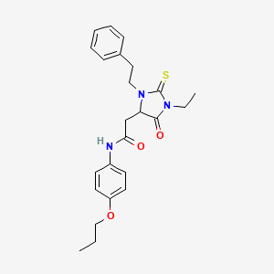 molecular formula C24H29N3O3S B11506670 2-[1-ethyl-5-oxo-3-(2-phenylethyl)-2-thioxoimidazolidin-4-yl]-N-(4-propoxyphenyl)acetamide 