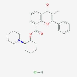 molecular formula C28H32ClNO4 B115068 4H-1-Benzopyran-8-carboxylic acid, 3-methyl-4-oxo-2-phenyl-, 2-(1-piperidinyl)cyclohexyl ester, hydrochloride, trans-(+-)- CAS No. 147528-38-9