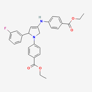 molecular formula C28H27FN2O4 B11507058 Ethyl 4-(4-{[4-(ethoxycarbonyl)phenyl]amino}-2-(3-fluorophenyl)-2,5-dihydro-1H-pyrrol-1-YL)benzoate 