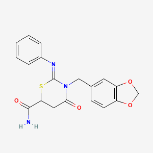 molecular formula C19H17N3O4S B11507061 3-Benzo[1,3]dioxol-5-ylmethyl-4-oxo-2-[(Z)-phenylimino]-[1,3]thiazinane-6-carboxylic acid amide 